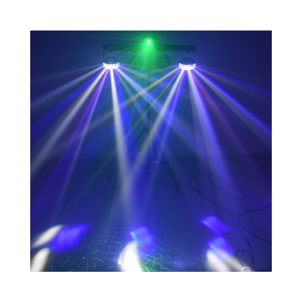 Mac Mah Animation bar consisting of 2 Derby effects, 2 x 4-in-1 RGB-UV LED PARs, a Strobe, a red and green multi-point laser