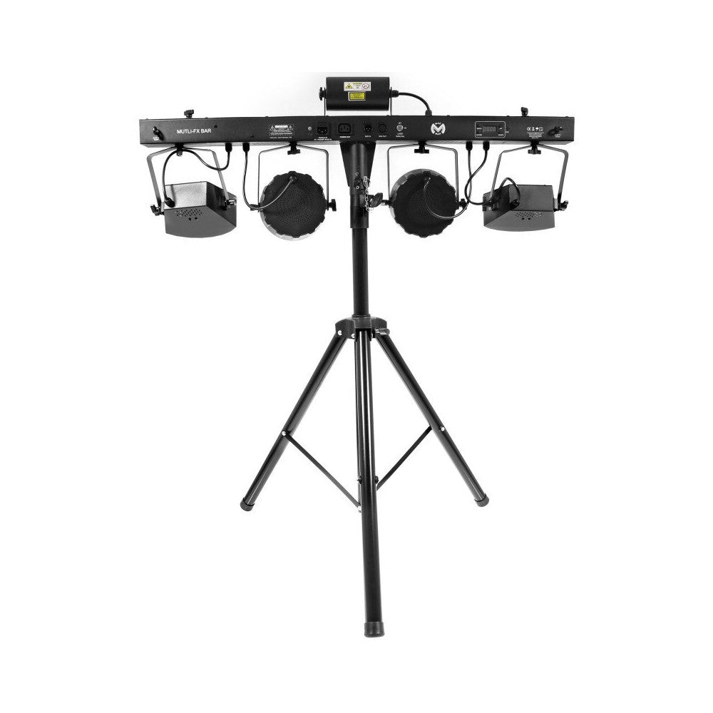 Mac Mah Animation bar consisting of 2 Derby effects, 2 x 4-in-1 RGB-UV LED PARs, a Strobe, a red and green multi-point laser