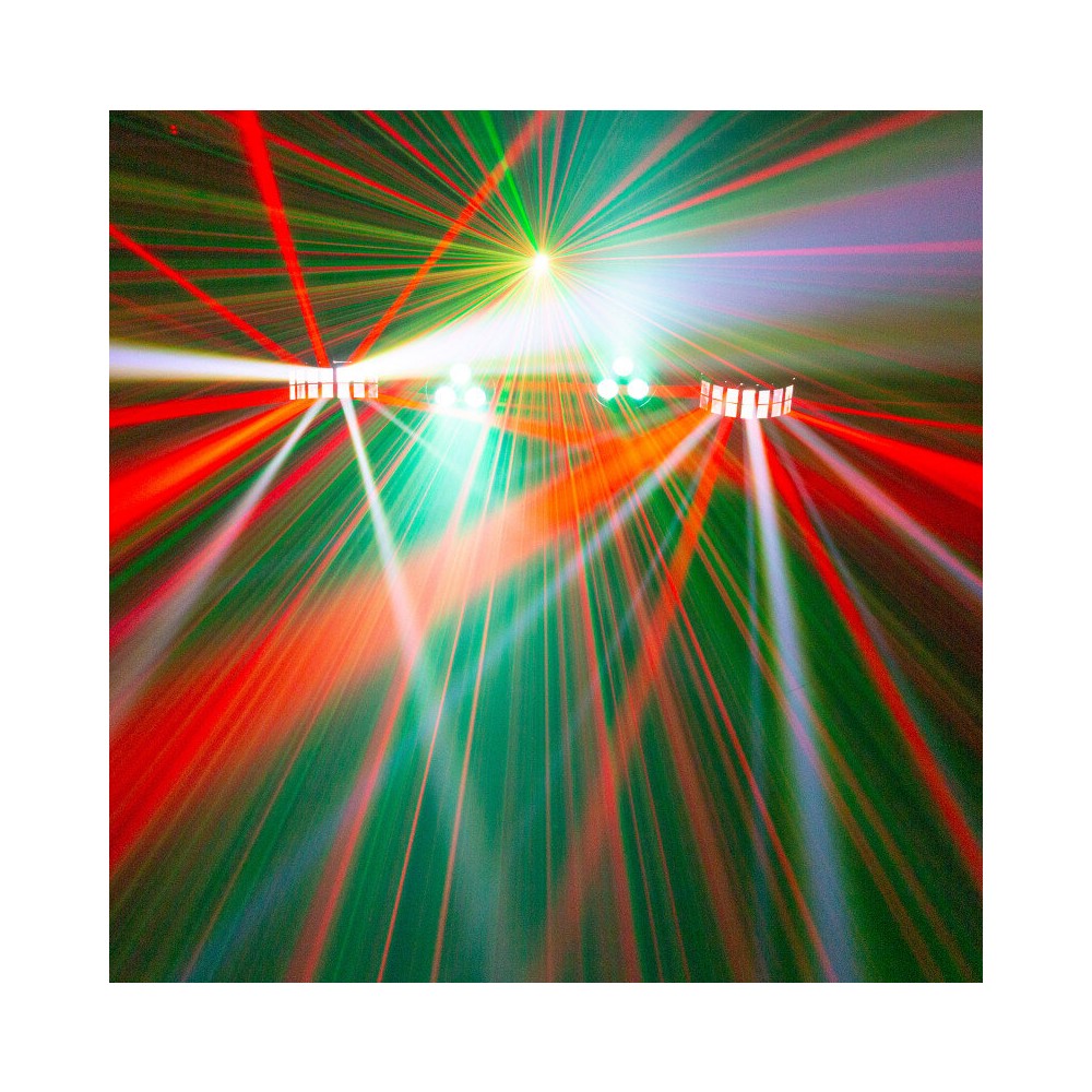 Mac Mah Animation bar consisting of 2 Derby effects, 2 x 4-in-1 RGB-UV LED PARs, a Strobe, a red and green multi-point laser