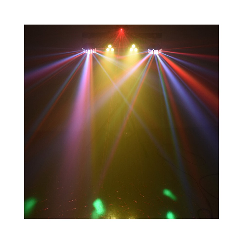 Mac Mah Animation bar consisting of 2 Derby effects, 2 x 4-in-1 RGB-UV LED PARs, a Strobe, a red and green multi-point laser