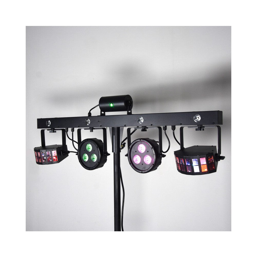Mac Mah Animation bar consisting of 2 Derby effects, 2 x 4-in-1 RGB-UV LED PARs, a Strobe, a red and green multi-point laser