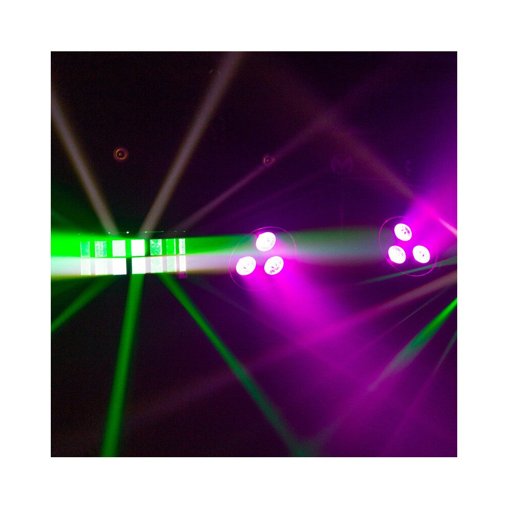 Mac Mah Animation bar consisting of 2 Derby effects, 2 x 4-in-1 RGB-UV LED PARs, a Strobe, a red and green multi-point laser