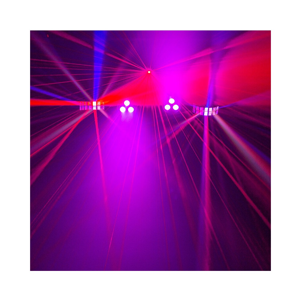 Mac Mah Animation bar consisting of 2 Derby effects, 2 x 4-in-1 RGB-UV LED PARs, a Strobe, a red and green multi-point laser