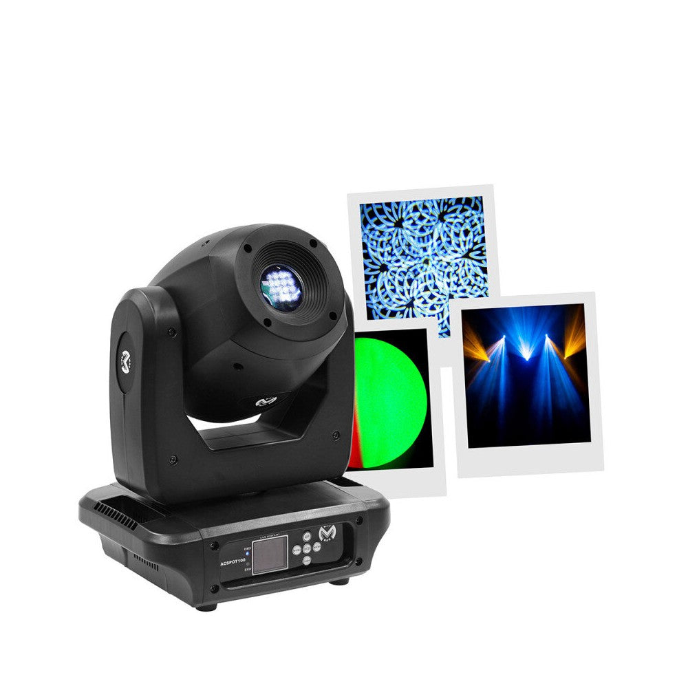 Mac Mah Compact 100 W LED moving head light with vibrant colors, rotating Gobos, motorized focus, DMX, auto, sound, Master/Slave