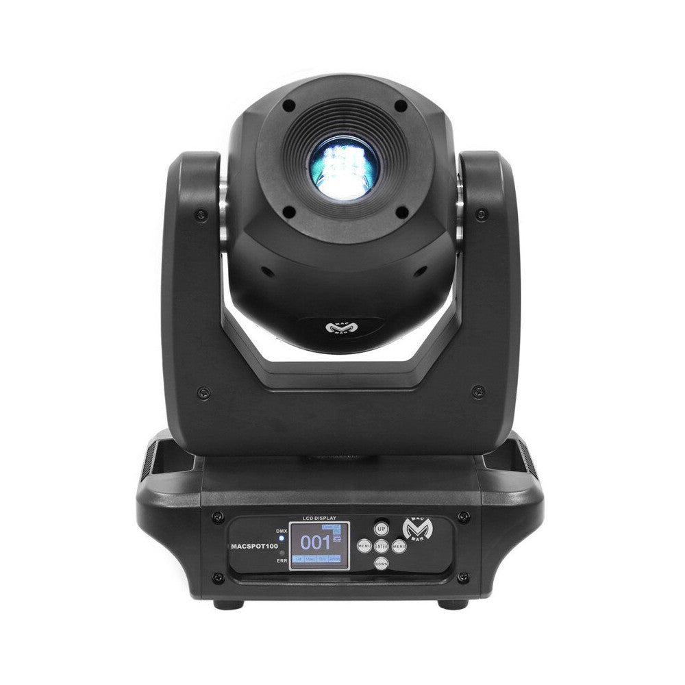 Mac Mah Compact 100 W LED moving head light with vibrant colors, rotating Gobos, motorized focus, DMX, auto, sound, Master/Slave