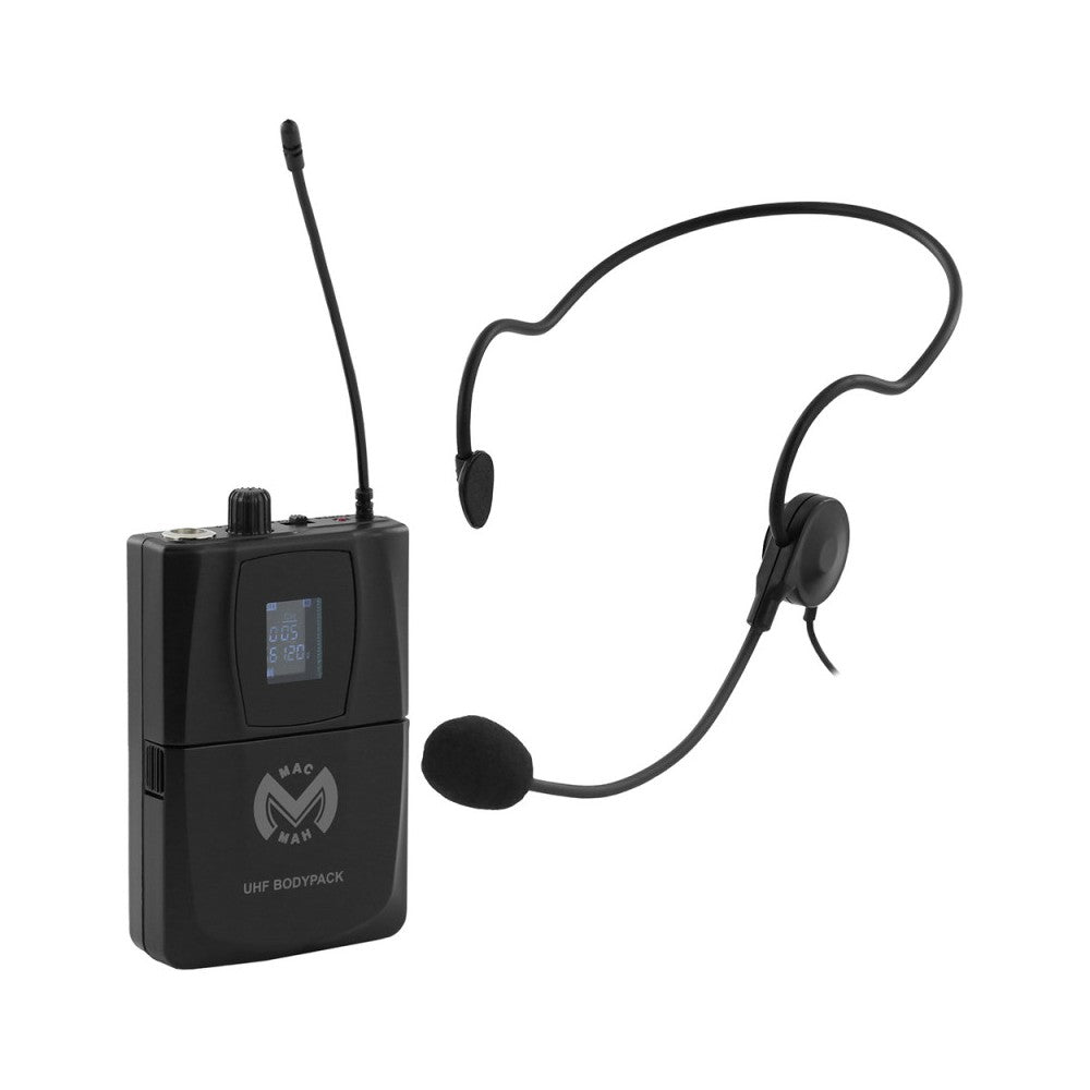 Mac Mah Wireless system consisting of a headworn microphone and a bodypack transmitter, transmission frequencies 660 - 690 MHz