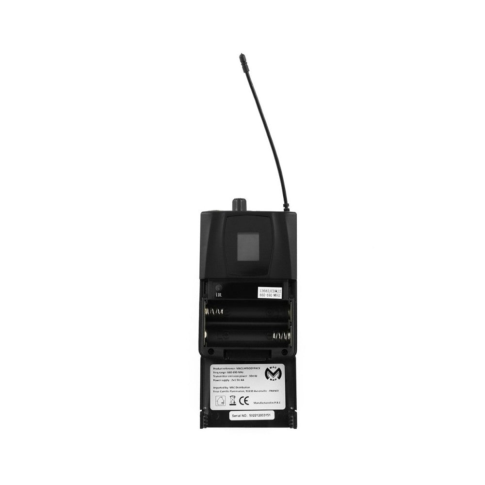Mac Mah Wireless system consisting of a headworn microphone and a bodypack transmitter, transmission frequencies 660 - 690 MHz