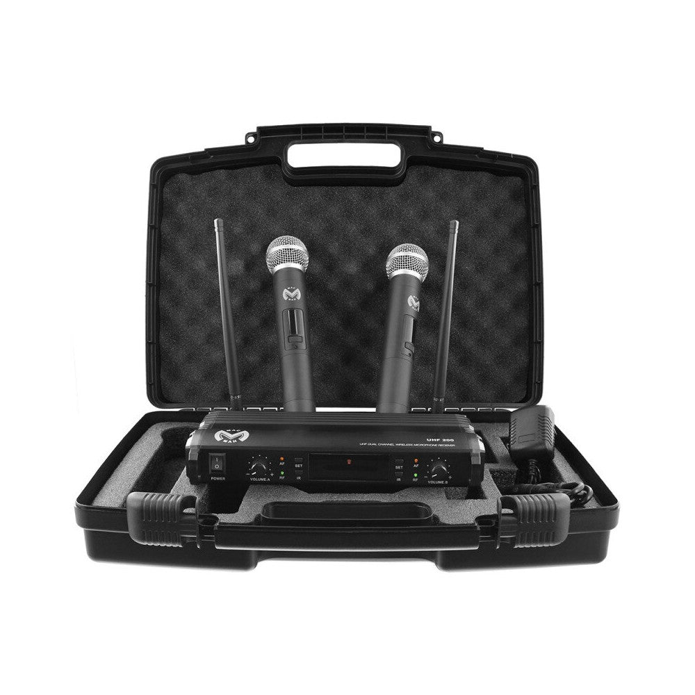 Mac Mah Micrófono inalámbrico completo, 2 transmisores de mano y 1 receptor, frecuencias de transmisión 660 - 690 MHz
