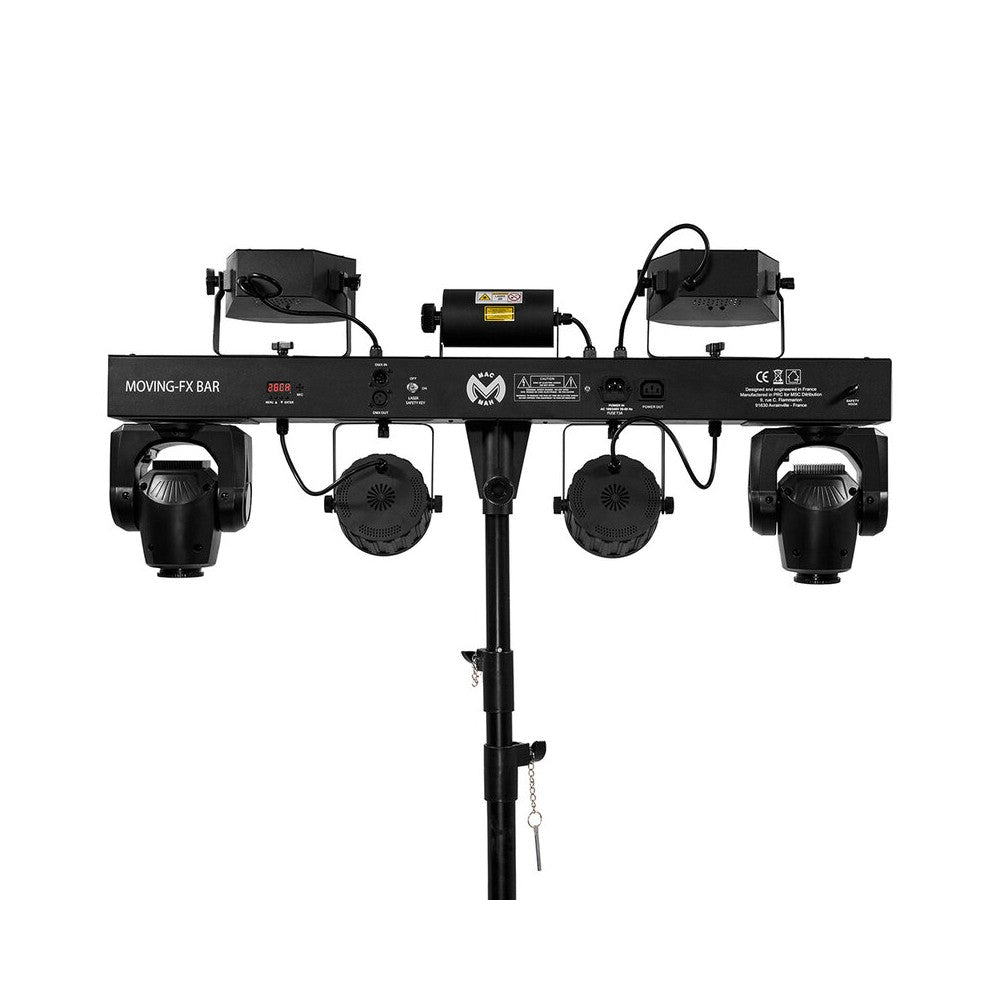 Mac Mah Animation LED bar consisting of 2 x 30 W Spot moving heads, 2 Derby effects, 2 x 4-in-1 RGB-UV LED PARs, a Strobe effect