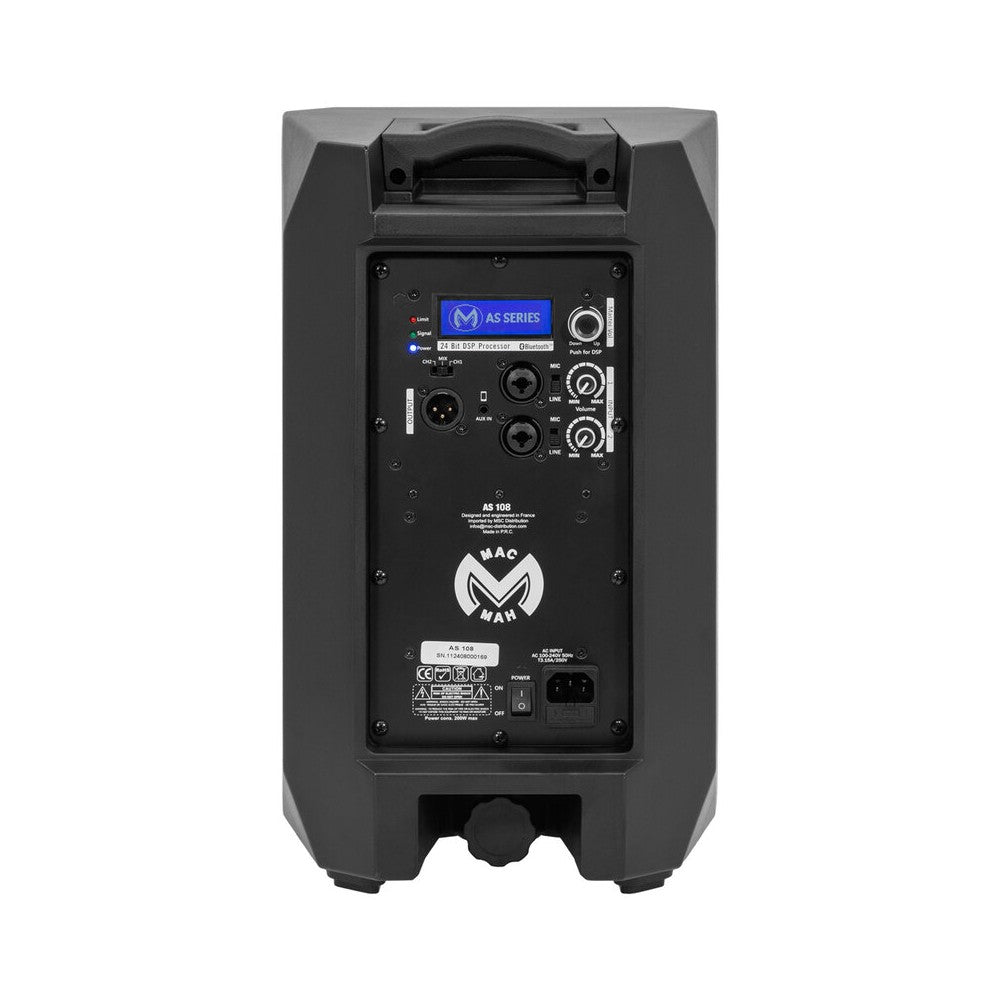 Altavoz activo Mac Mah de 2 vías, 200 W (BF) + 50 W (AF) RMS, biamplificación Clase-D y Clase-AB, DSP de 24 bits / 96 kHz, mesa de mezclas de 2 canales