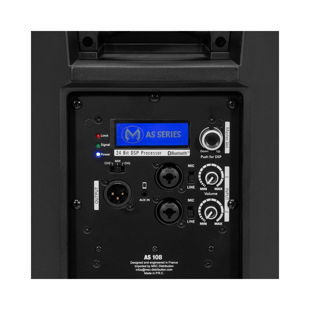 Altavoz activo Mac Mah de 2 vías, 200 W (BF) + 50 W (AF) RMS, biamplificación Clase-D y Clase-AB, DSP de 24 bits / 96 kHz, mesa de mezclas de 2 canales