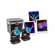 Mac Mah Set of 2 beam 150 W LED moving heads, 16 DMX channels, auto, music, Master/Slave modes, delivered in a flight case on wh