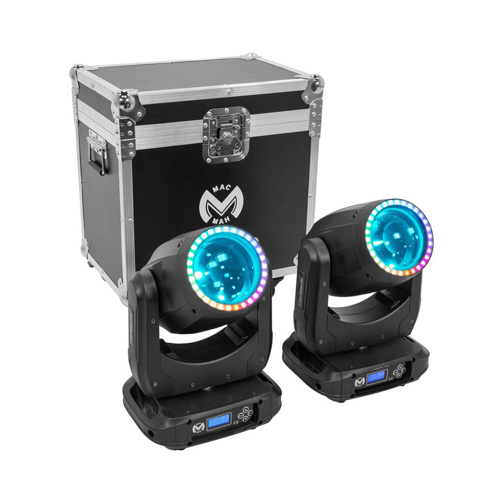 Mac Mah Set of 2 beam 150 W LED moving heads, 16 DMX channels, auto, music, Master/Slave modes, delivered in a flight case on wh
