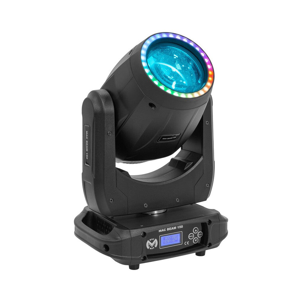 Mac Mah Set of 2 beam 150 W LED moving heads, 16 DMX channels, auto, music, Master/Slave modes, delivered in a flight case on wh