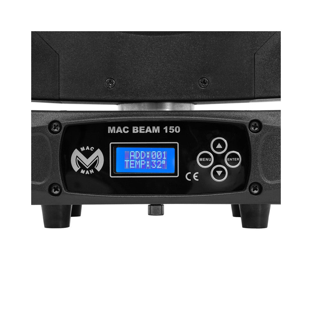 Mac Mah Set of 2 beam 150 W LED moving heads, 16 DMX channels, auto, music, Master/Slave modes, delivered in a flight case on wh