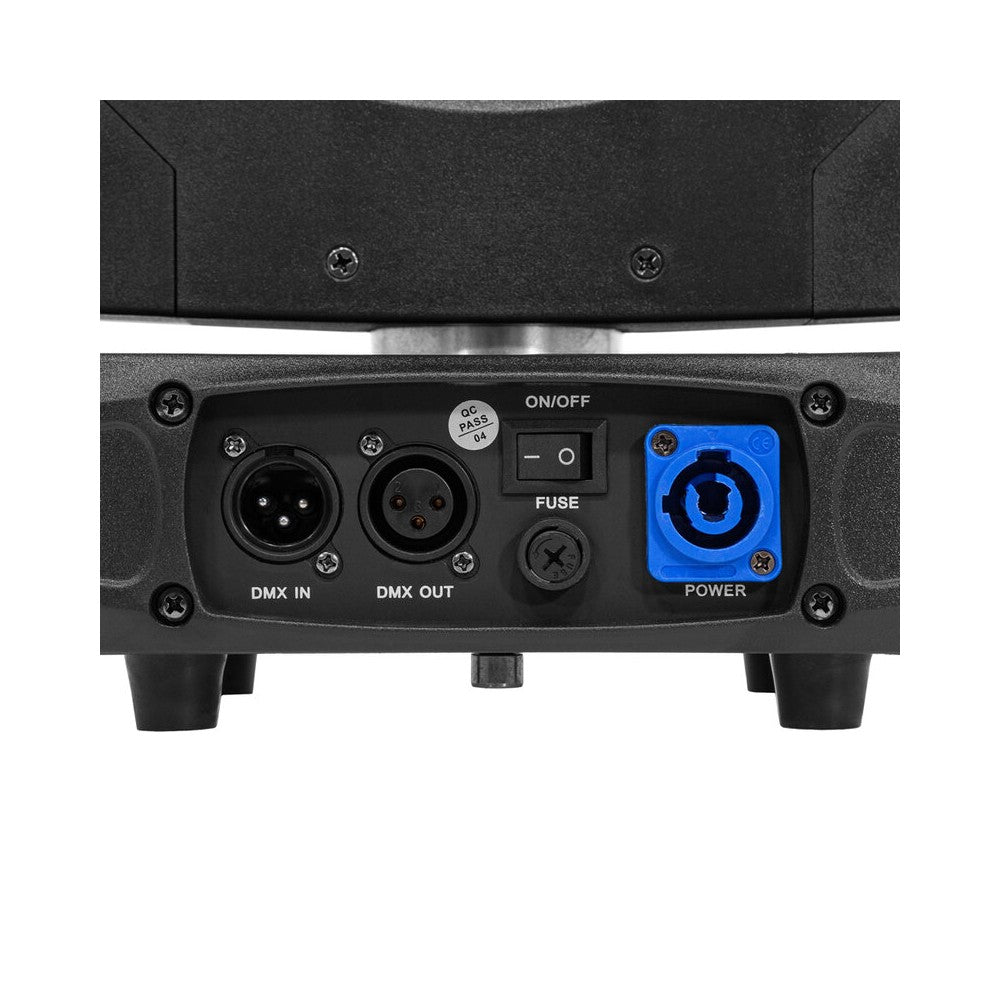 Mac Mah Set of 2 beam 150 W LED moving heads, 16 DMX channels, auto, music, Master/Slave modes, delivered in a flight case on wh