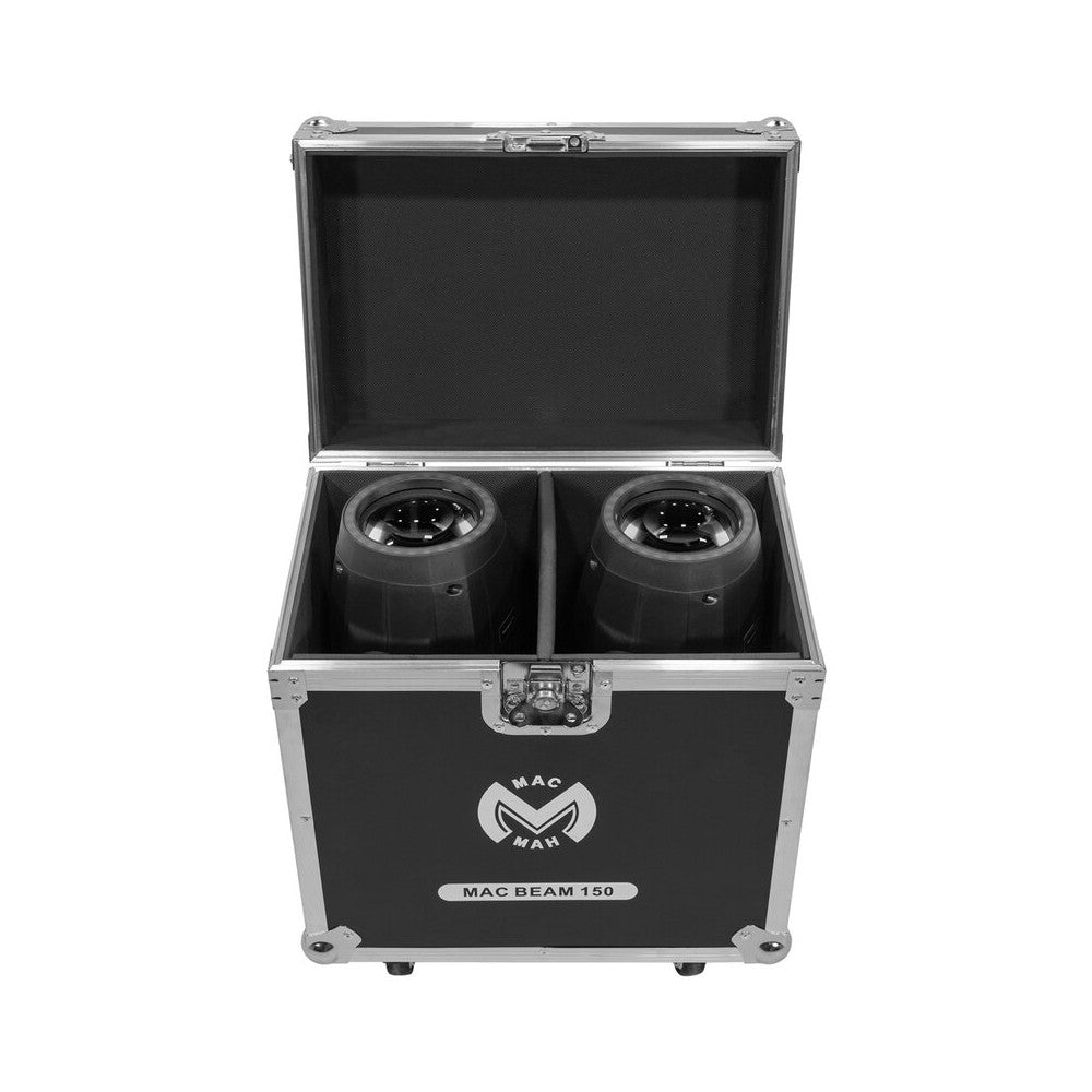 Mac Mah Set of 2 beam 150 W LED moving heads, 16 DMX channels, auto, music, Master/Slave modes, delivered in a flight case on wh