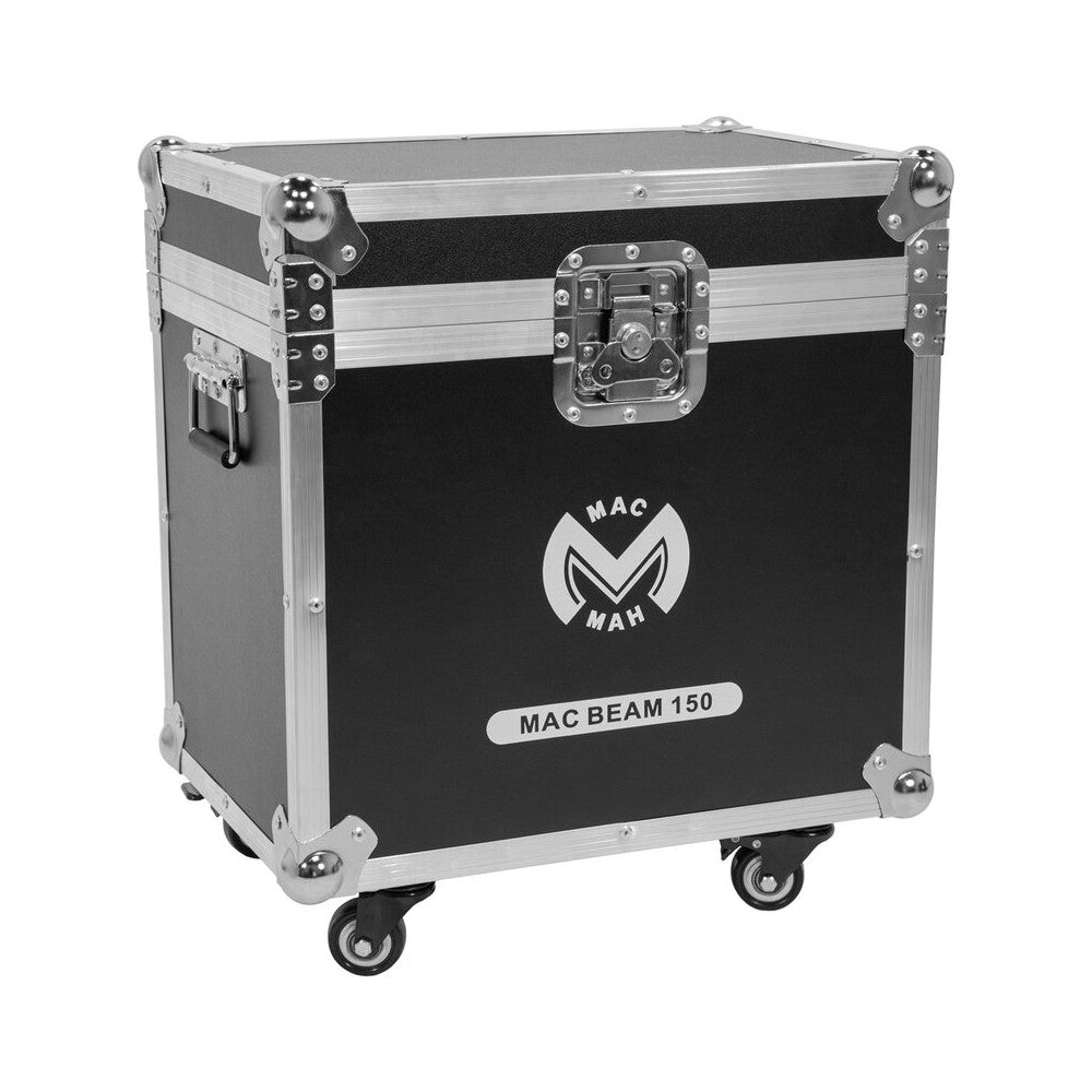 Mac Mah Set of 2 beam 150 W LED moving heads, 16 DMX channels, auto, music, Master/Slave modes, delivered in a flight case on wh