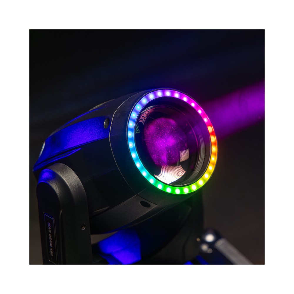 Mac Mah Set of 2 beam 150 W LED moving heads, 16 DMX channels, auto, music, Master/Slave modes, delivered in a flight case on wh