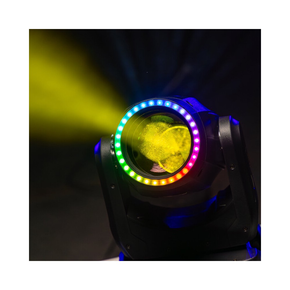 Mac Mah Set of 2 beam 150 W LED moving heads, 16 DMX channels, auto, music, Master/Slave modes, delivered in a flight case on wh
