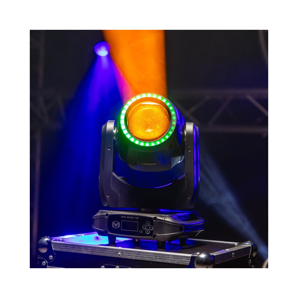 Mac Mah Set of 2 beam 150 W LED moving heads, 16 DMX channels, auto, music, Master/Slave modes, delivered in a flight case on wh