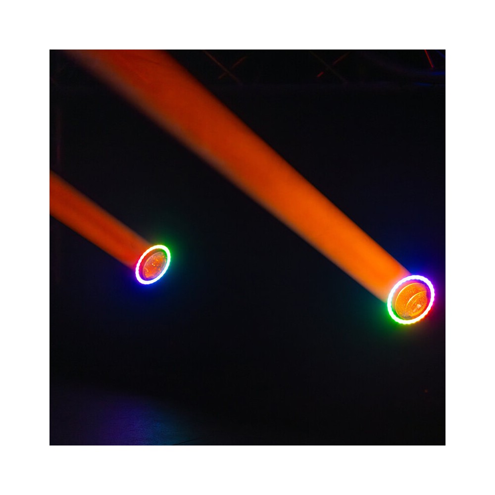 Mac Mah Set of 2 beam 150 W LED moving heads, 16 DMX channels, auto, music, Master/Slave modes, delivered in a flight case on wh