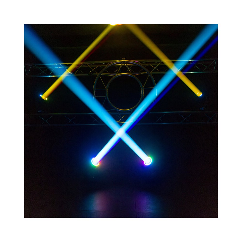Mac Mah Set of 2 beam 150 W LED moving heads, 16 DMX channels, auto, music, Master/Slave modes, delivered in a flight case on wh