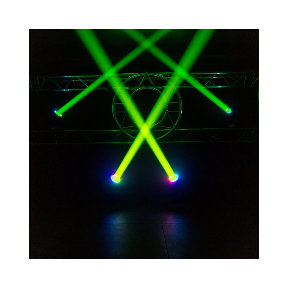 Mac Mah Set of 2 beam 150 W LED moving heads, 16 DMX channels, auto, music, Master/Slave modes, delivered in a flight case on wh