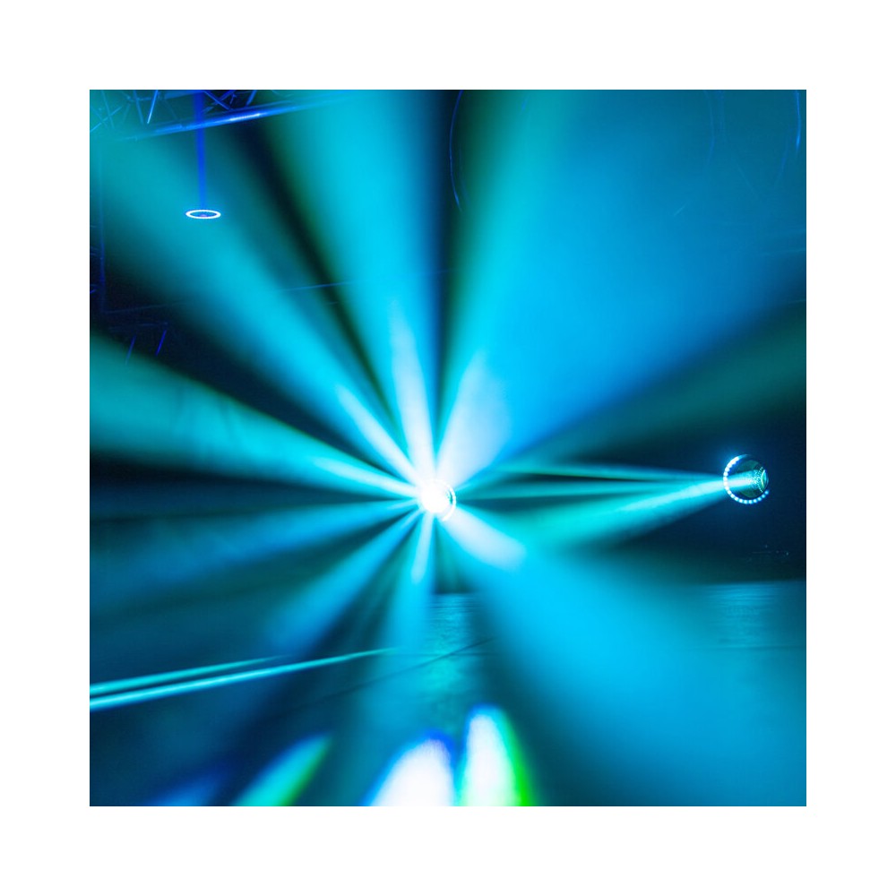 Mac Mah Set of 2 beam 150 W LED moving heads, 16 DMX channels, auto, music, Master/Slave modes, delivered in a flight case on wh