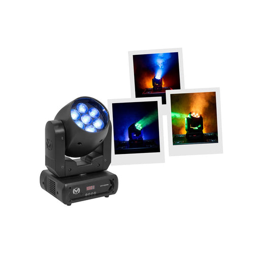 Mac Mah Moving head wash light, 7 x 15 W 4-in-1 RGBW LEDs, variable zoom (6° to 36°) and DMX, auto, sound and Master/Slave control