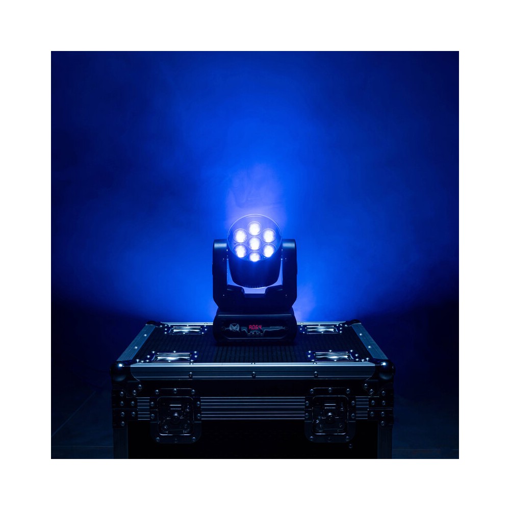 Mac Mah Moving head wash light, 7 x 15 W 4-in-1 RGBW LEDs, variable zoom (6° to 36°) and DMX, auto, sound and Master/Slave contr