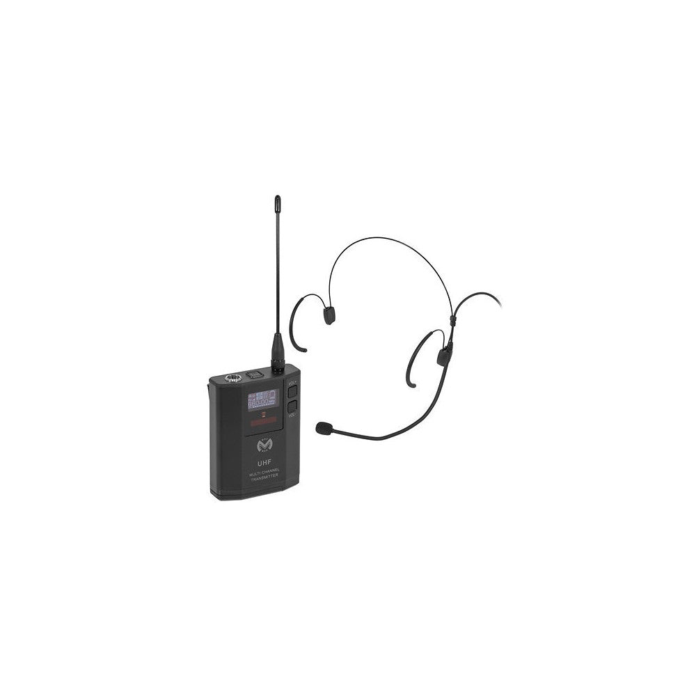 Mac Mah UHF bodypack transmitter (640 – 690 MHz) with cardioid headset mic, 30 mW power, 30 Hz – 20 kHz freq. response, 50 – 80