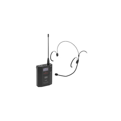 Mac Mah UHF bodypack transmitter (640 – 690 MHz) with cardioid headset mic, 30 mW power, 30 Hz – 20 kHz freq. response, 50 – 80