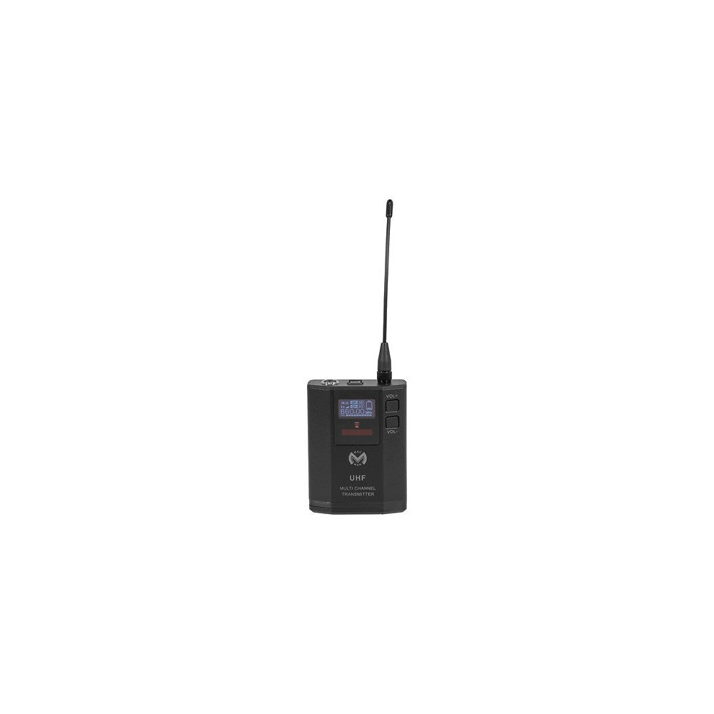 Mac Mah UHF bodypack transmitter (640 – 690 MHz) with cardioid headset mic, 30 mW power, 30 Hz – 20 kHz freq. response, 50 – 80
