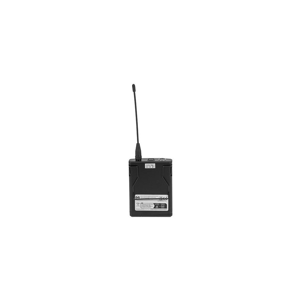 Mac Mah UHF bodypack transmitter (640 – 690 MHz) with cardioid headset mic, 30 mW power, 30 Hz – 20 kHz freq. response, 50 – 80