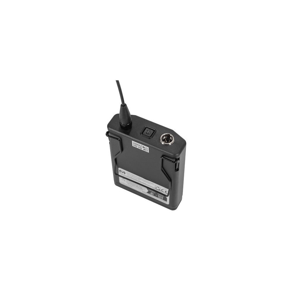 Mac Mah UHF bodypack transmitter (640 – 690 MHz) with cardioid headset mic, 30 mW power, 30 Hz – 20 kHz freq. response, 50 – 80