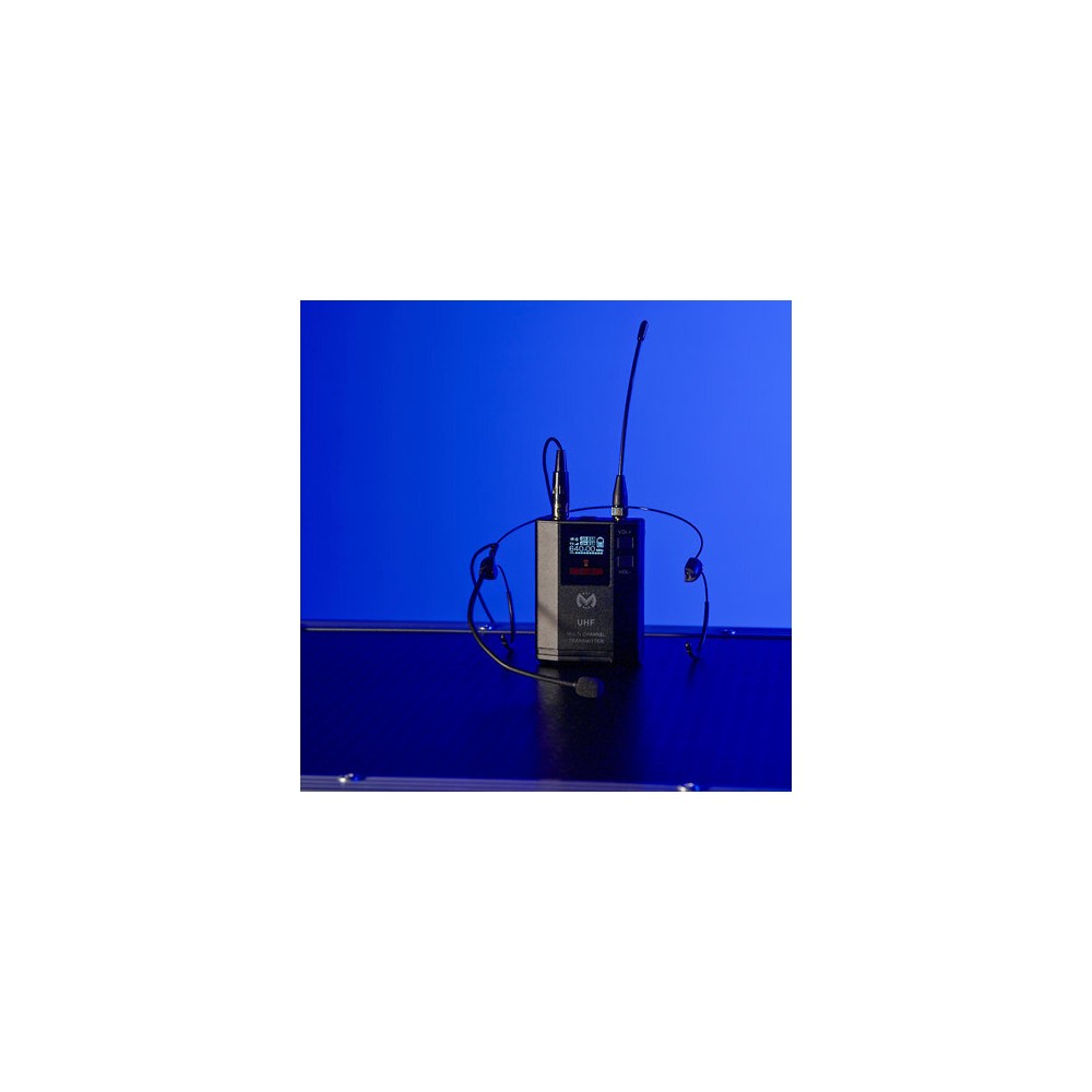 Mac Mah UHF bodypack transmitter (640 – 690 MHz) with cardioid headset mic, 30 mW power, 30 Hz – 20 kHz freq. response, 50 – 80