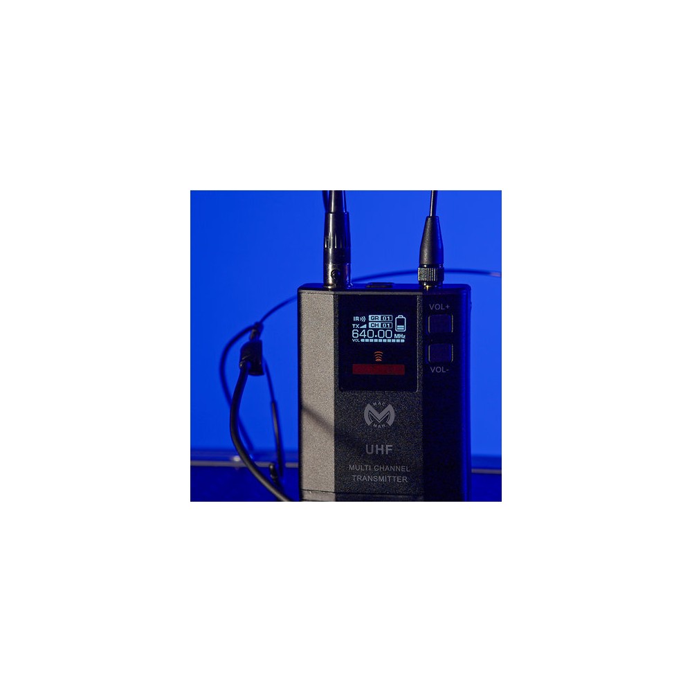 Mac Mah UHF bodypack transmitter (640 – 690 MHz) with cardioid headset mic, 30 mW power, 30 Hz – 20 kHz freq. response, 50 – 80