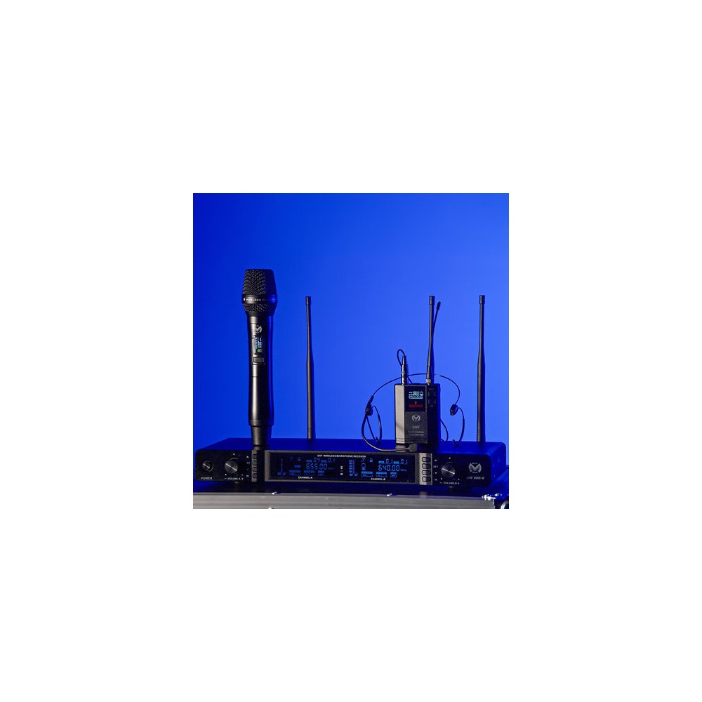 Mac Mah UHF bodypack transmitter (640 – 690 MHz) with cardioid headset mic, 30 mW power, 30 Hz – 20 kHz freq. response, 50 – 80