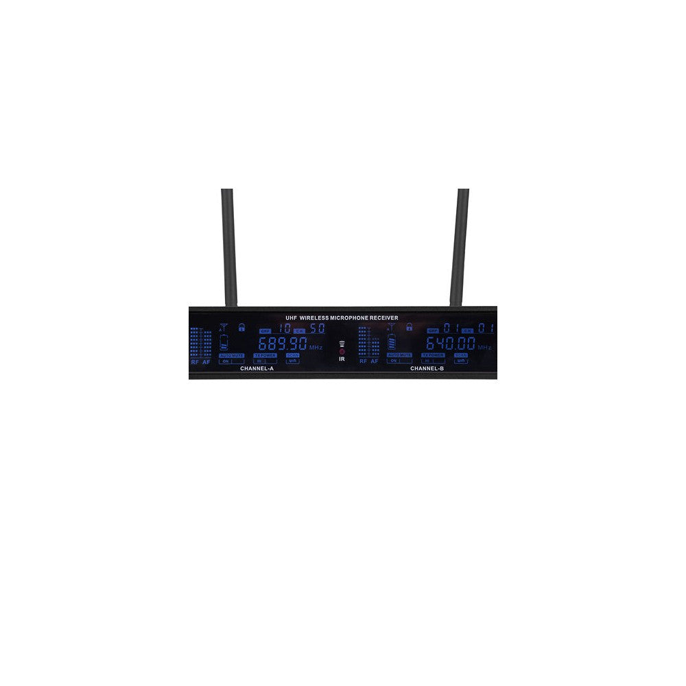 Mac Mah Dual-channel UHF wireless system with True Diversity, 50 MHz bandwidth, infrared pairing, includes two cardioid handheld