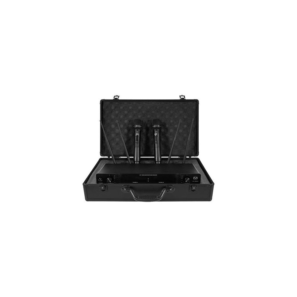 Mac Mah Dual-channel UHF wireless system with True Diversity, 50 MHz bandwidth, infrared pairing, includes two cardioid handheld