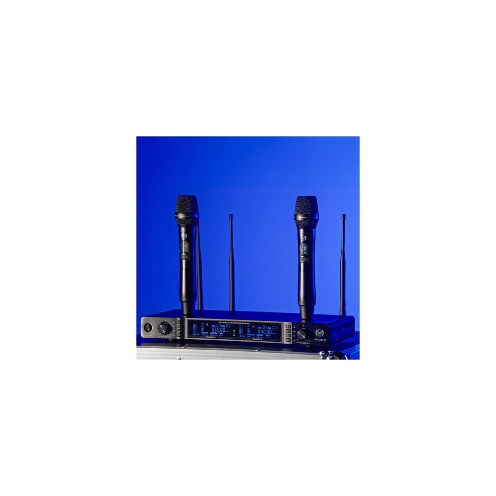 Mac Mah Dual-channel UHF wireless system with True Diversity, 50 MHz bandwidth, infrared pairing, includes two cardioid handheld