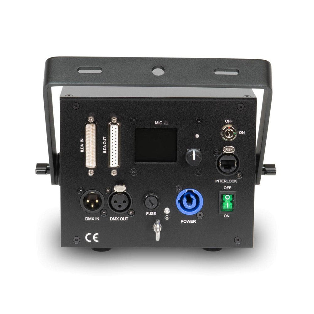 Láser de diodo RGB compacto Laserworld 1000 mW, especificaciones del haz de aprox. 3 mm / 1 mrad, escáneres de 25 kpps a 8°, ILDA / DMX / App co