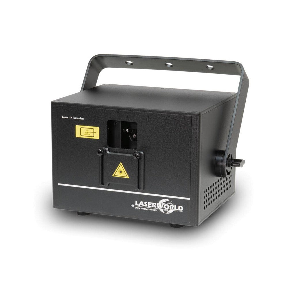Laserworld 1500 mW compact  RGB diode laser, built-in 3500 mAh battery, beam specs of approx. 5.5  mm / 1.1  mrad, 25 kpps @  8°