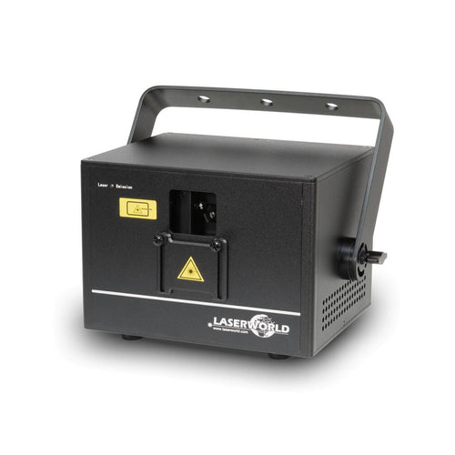 Laserworld 1500 mW compact  RGB diode laser, built-in 3500 mAh battery, beam specs of approx. 5.5  mm / 1.1  mrad, 25 kpps @  8°