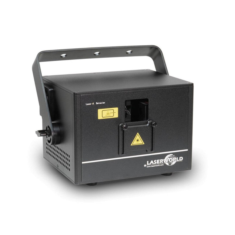 Laserworld 1500 mW compact RGB diode laser, built-in 3500 mAh battery, beam specs of approx. 5.5 mm / 1.1 mrad, 25 kpps @ 8°