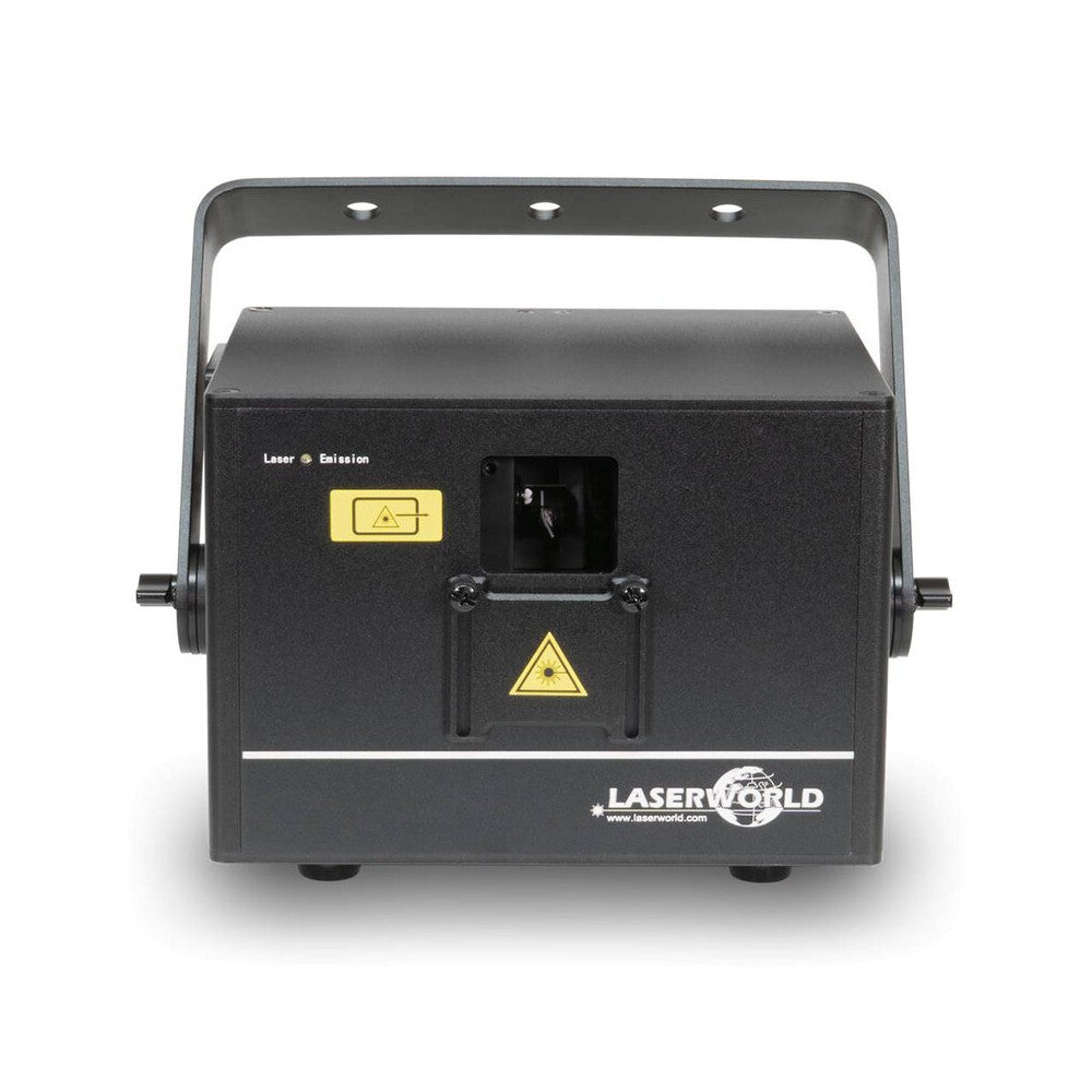 Láser de diodo RGB compacto Laserworld de 1500 mW, batería integrada de 3500 mAh, especificaciones del haz de aprox. 5,5 mm / 1,1 mrad, 25 kpps a 8°