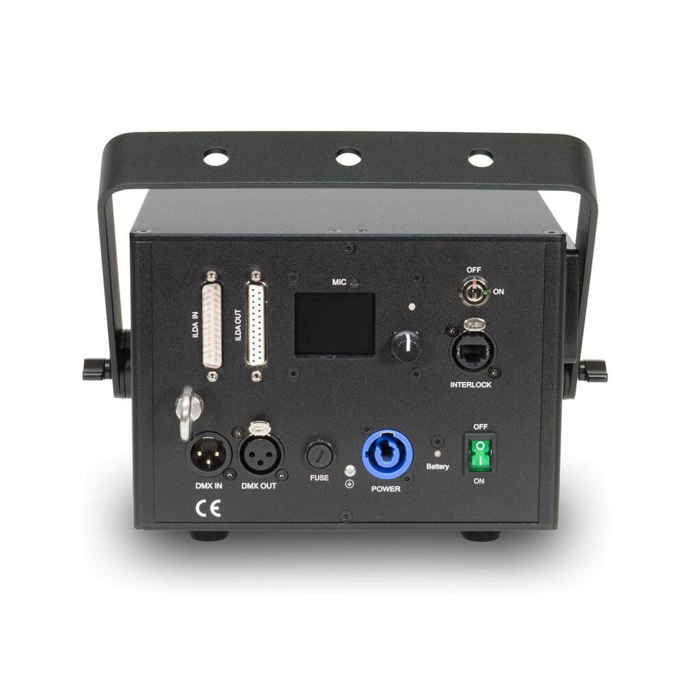 Láser de diodo RGB compacto Laserworld de 1500 mW, batería integrada de 3500 mAh, especificaciones del haz de aprox. 5,5 mm / 1,1 mrad, 25 kpps a 8°