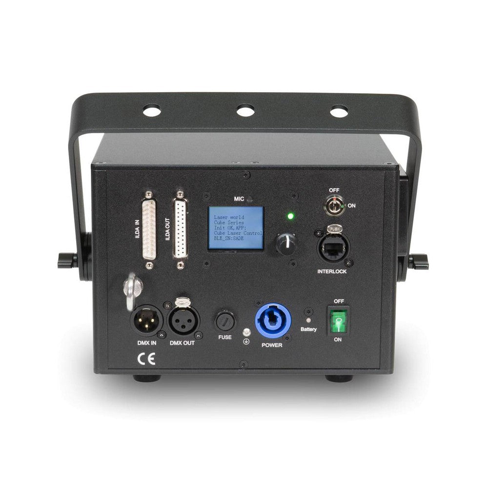 Láser de diodo RGB compacto Laserworld de 1500 mW, batería integrada de 3500 mAh, especificaciones del haz de aprox. 5,5 mm / 1,1 mrad, 25 kpps a 8°
