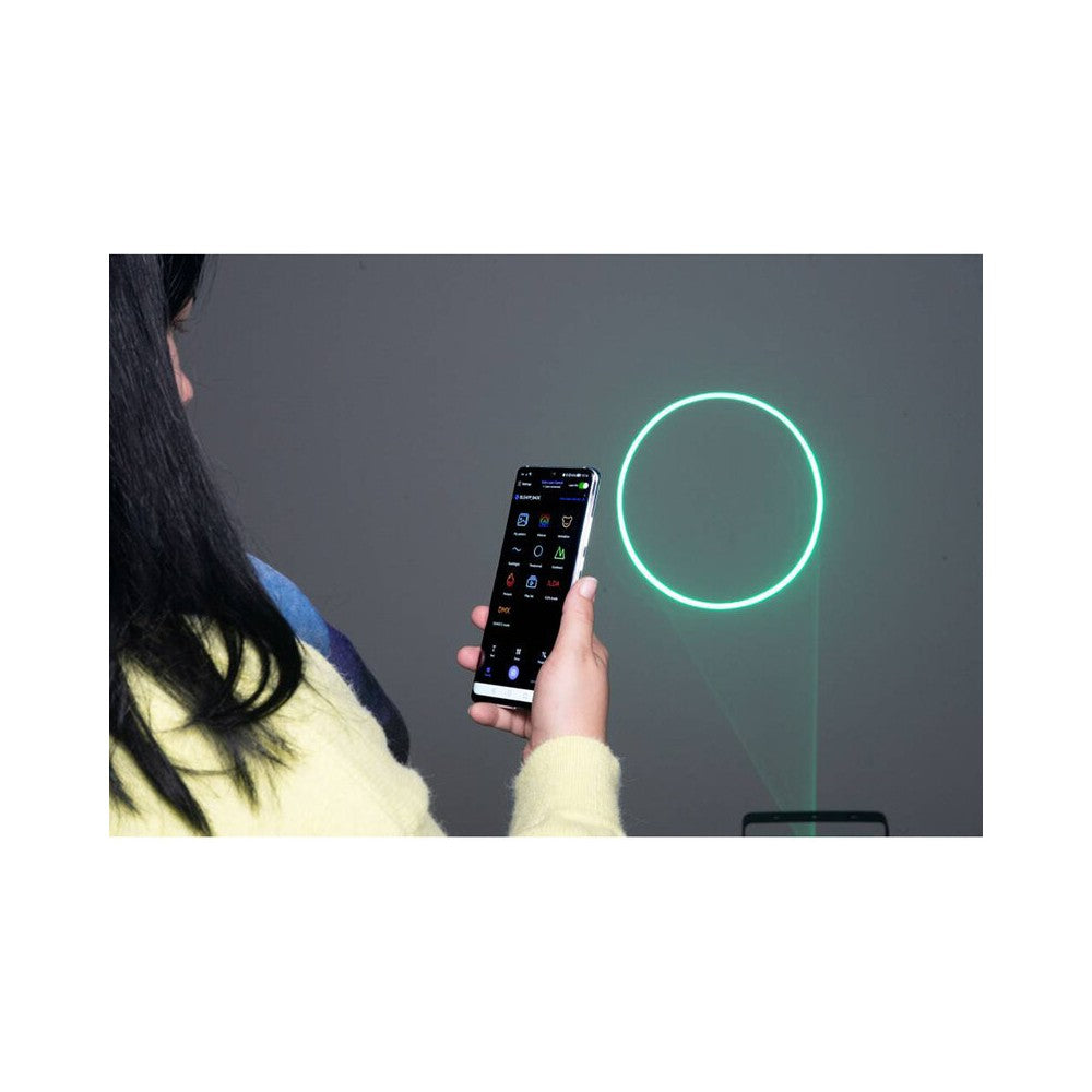 Láser de diodo RGB compacto Laserworld de 1500 mW, batería integrada de 3500 mAh, especificaciones del haz de aprox. 5,5 mm / 1,1 mrad, 25 kpps a 8°